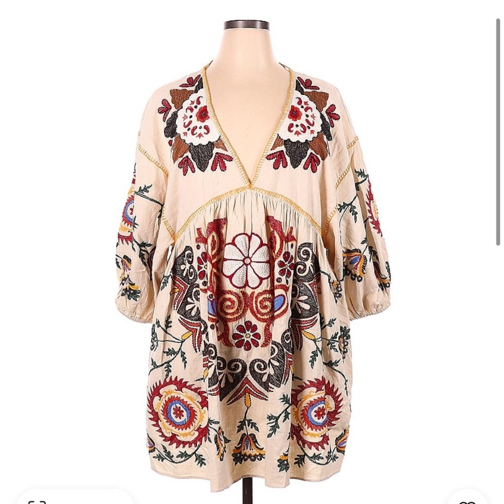 Zara Embroidered Floral Boho Tunic Dress
